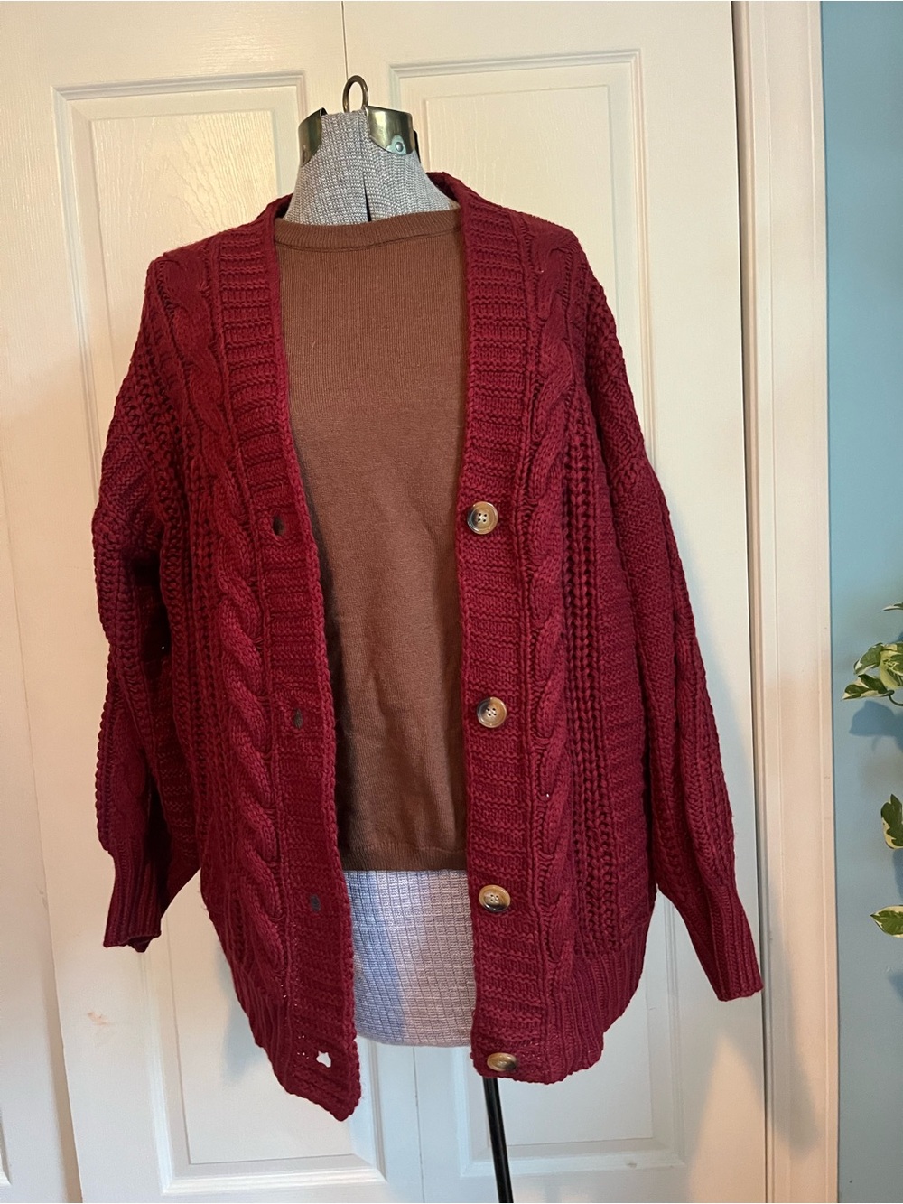 SHEIN Burgundy Cable Knit Button-Front Cardigan size small